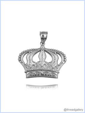 925 Sterling Silver Royal Queen Crown Fleur De Lis Victorian Pendant Necklace